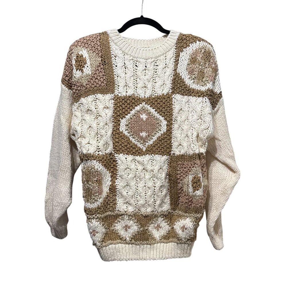 VTG Needles & Yarn Patchwork Knit Ramie Blend Sweater Beige/Brown Shoulder Pads